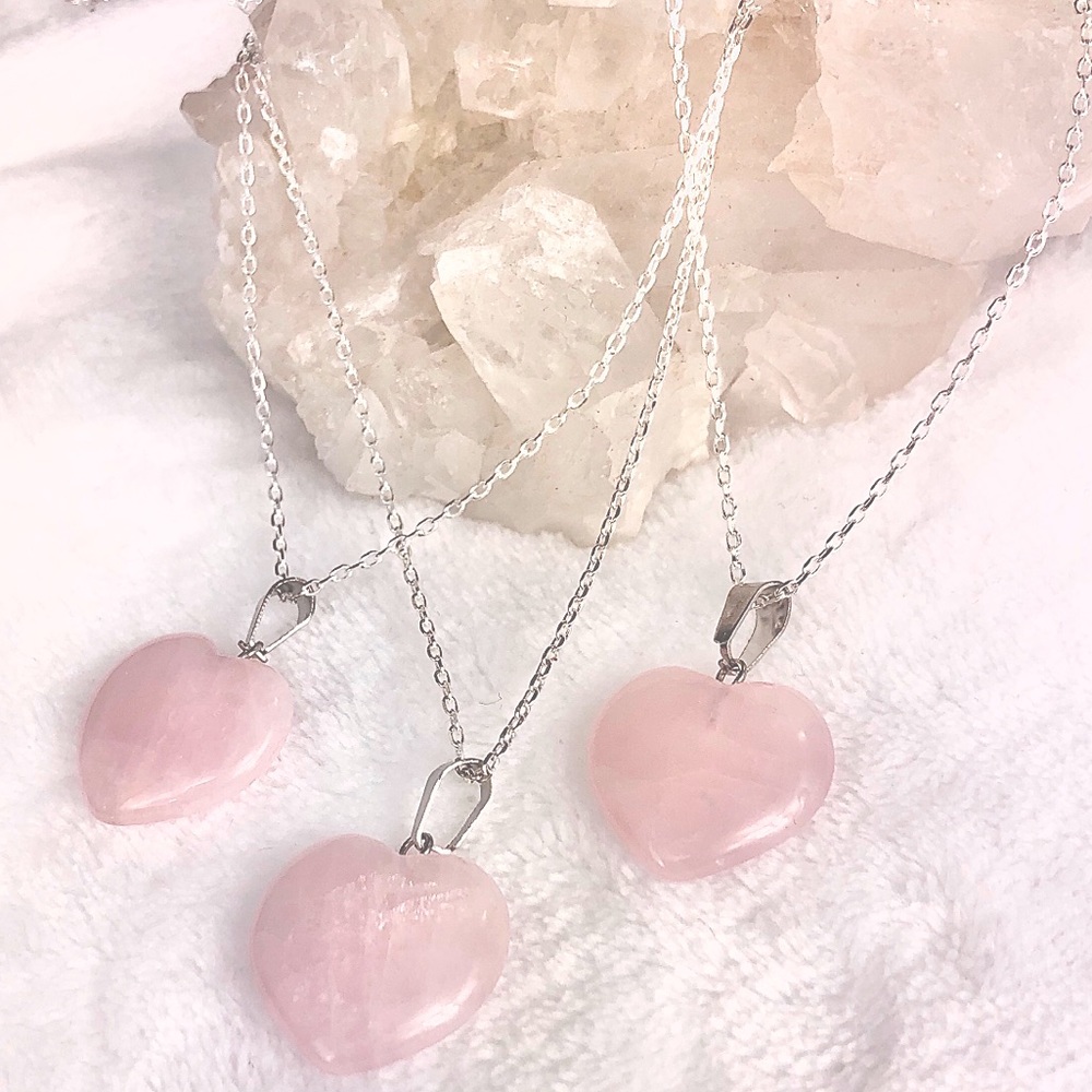 Real Genuine Rose Quartz Crystal Heart on 925 Silver Chain, Love Gift